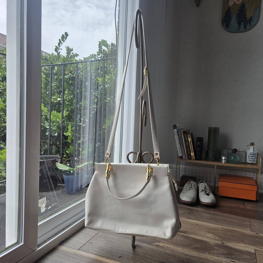 Vintage Cream Faux Leather Satchel Crossbody Bag Gold Hardware Off White